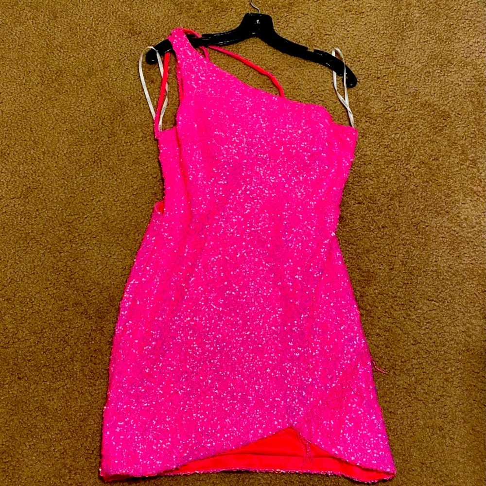 Short, pink, formal dress. Size 12. Worn once.